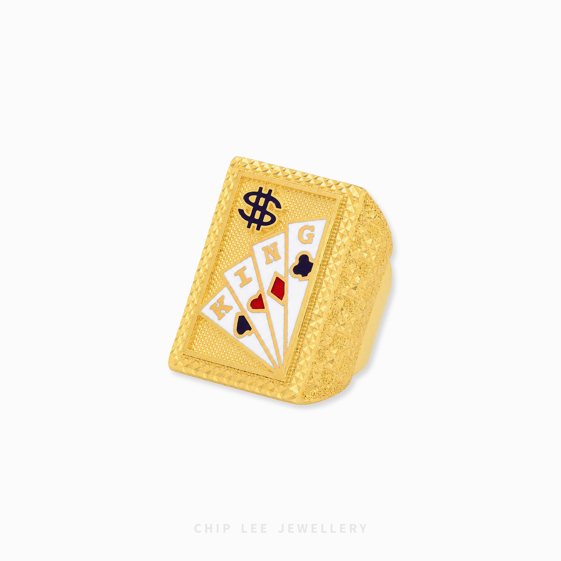 Chunky gold poker king ring featuring detailed playing cards with heart, spade, and club symbols on a textured rectangular face with luxury statement styling.