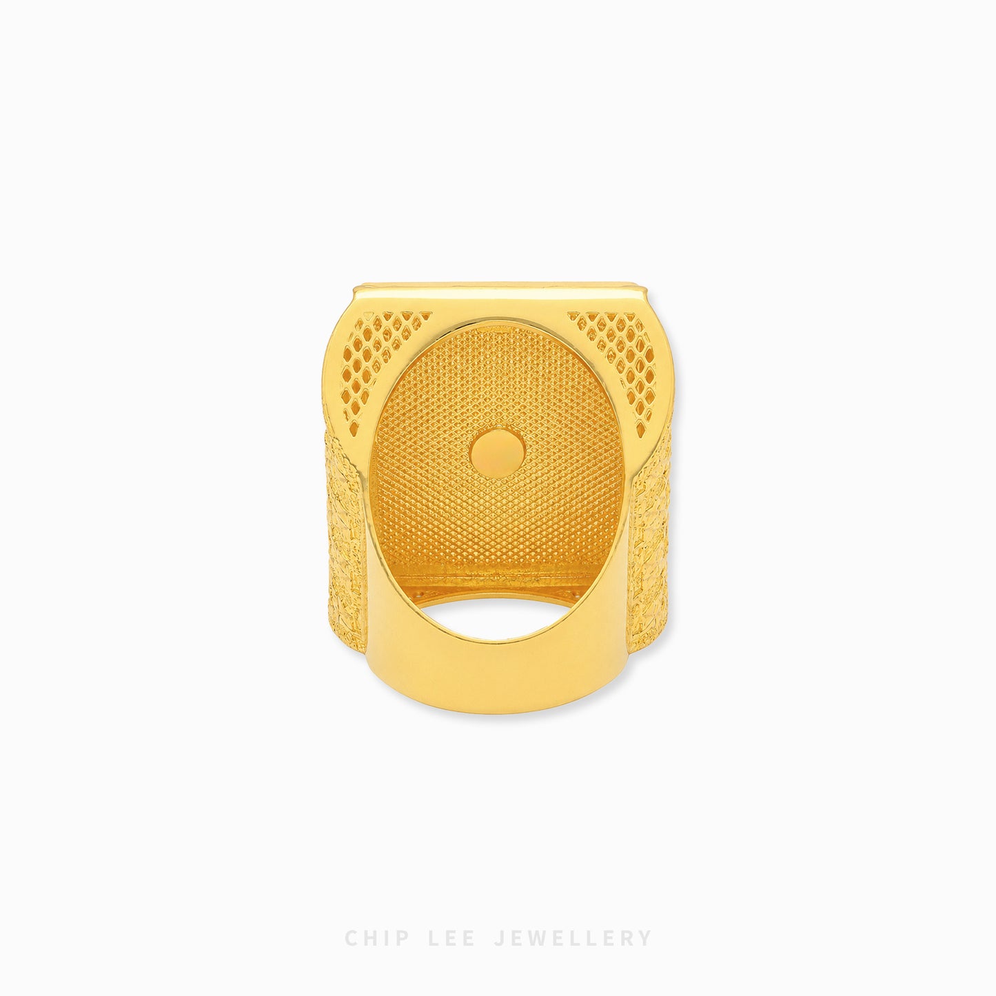 Chunky gold poker king ring featuring detailed playing cards with heart, spade, and club symbols on a textured rectangular face with luxury statement styling.