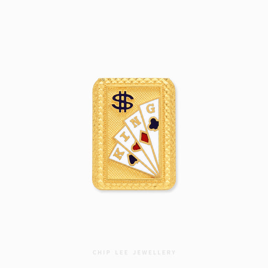 Chunky gold poker king ring featuring detailed playing cards with heart, spade, and club symbols on a textured rectangular face with luxury statement styling.