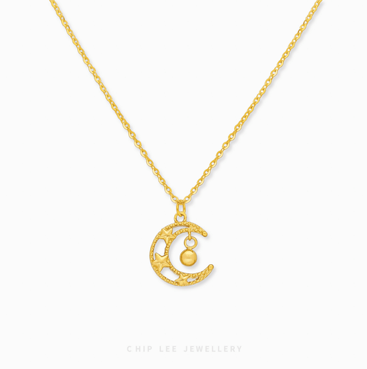 Crescent Moon and Star Necklace in 999 pure gold