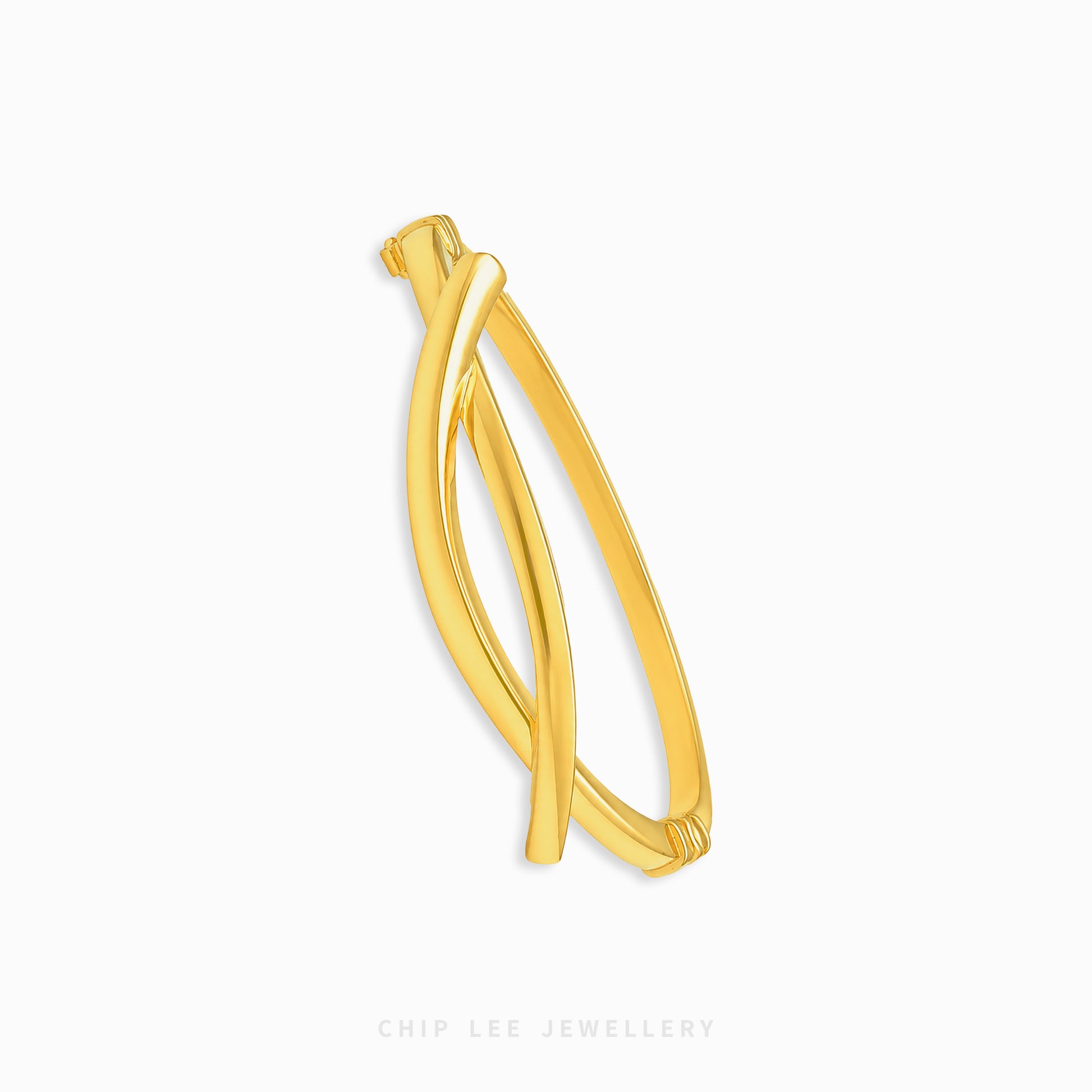 A polished gold huggie hoop earring with a twisted, overlapping design, shown on a clean white background with the brand name 'CHIP LEE JEWELLERY' printed at the bottom.