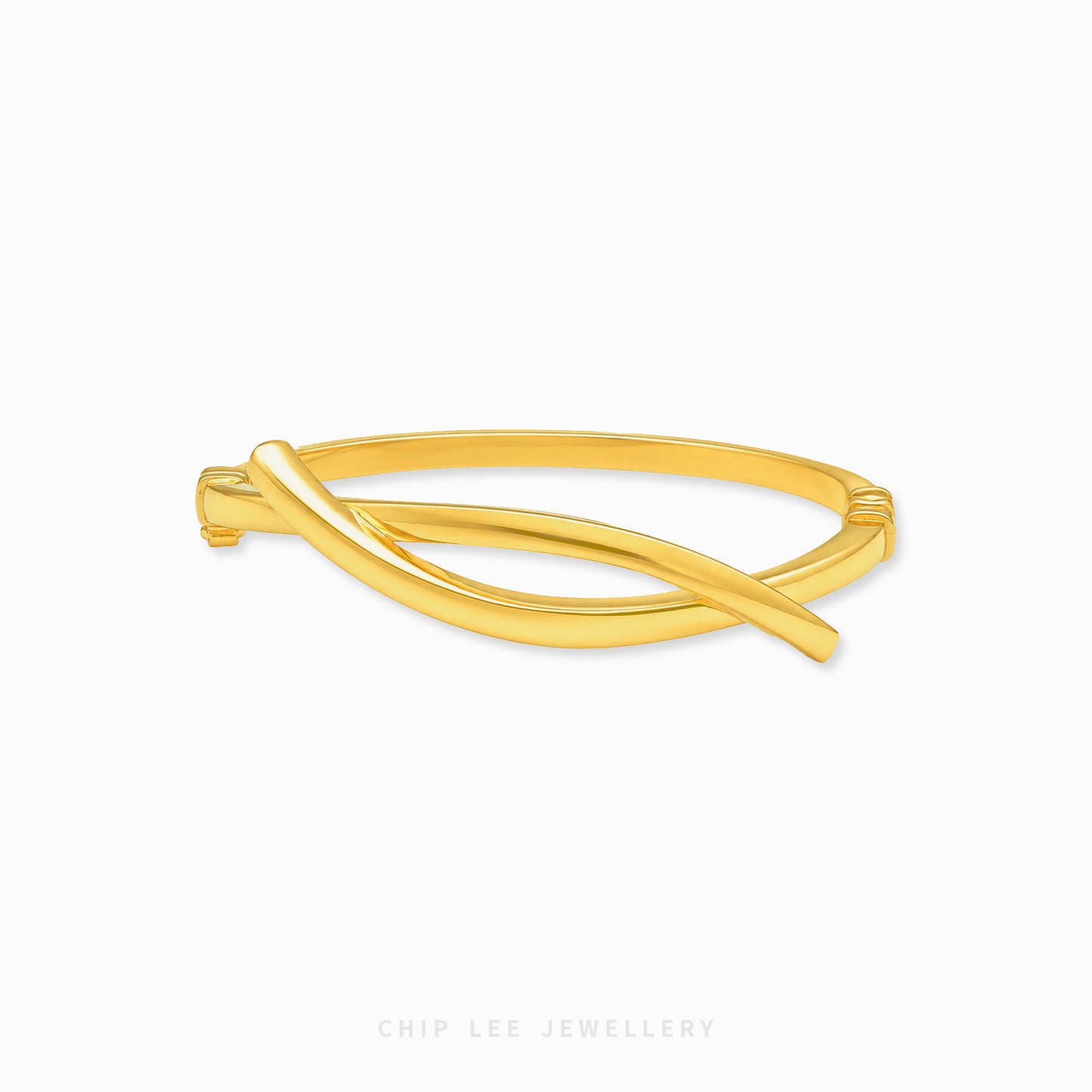 A polished gold bangle bracelet with a twisted, leaf-like design, displayed on a clean white background with the brand name 'CHIP LEE JEWELLERY' at the bottom.