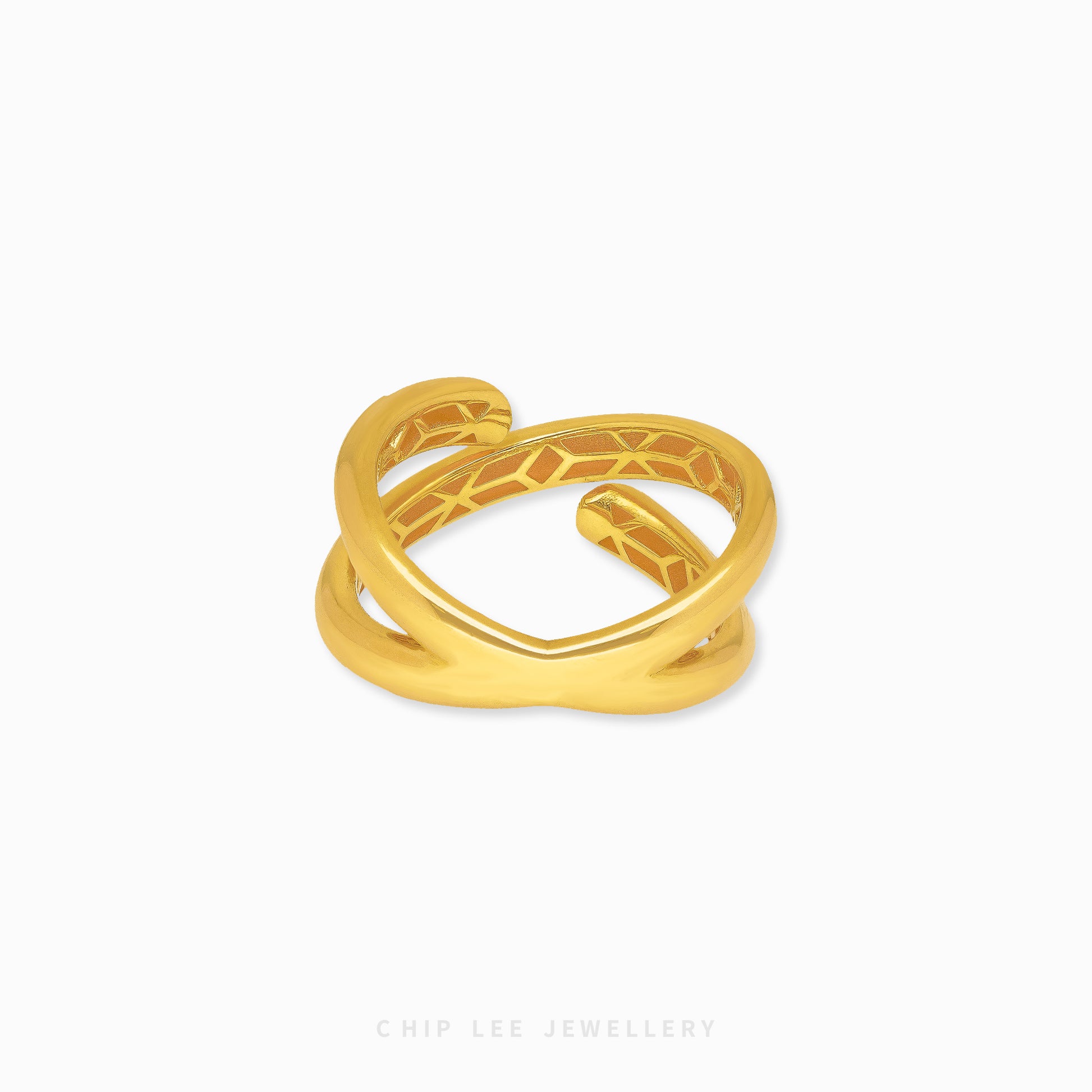 916 gold Crossover Ring, hallmarked in Singapore for certified purity and authenticity.