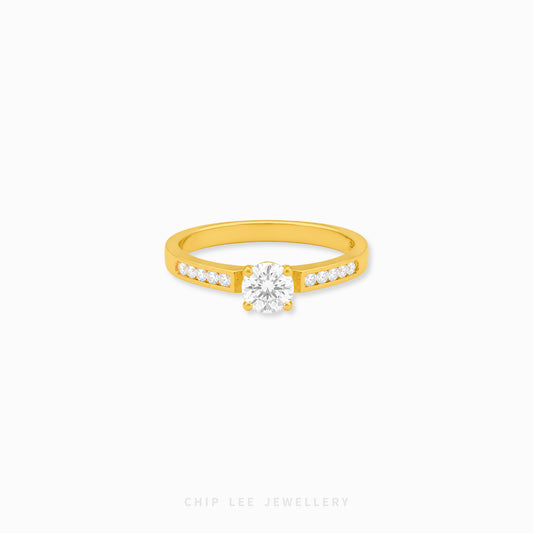 A yellow gold solitaire engagement ring with a round-cut center stone and a row of small pavé-set stones along the band, shown on a light gray background with Chip Lee Jewellery branding at the bottom.