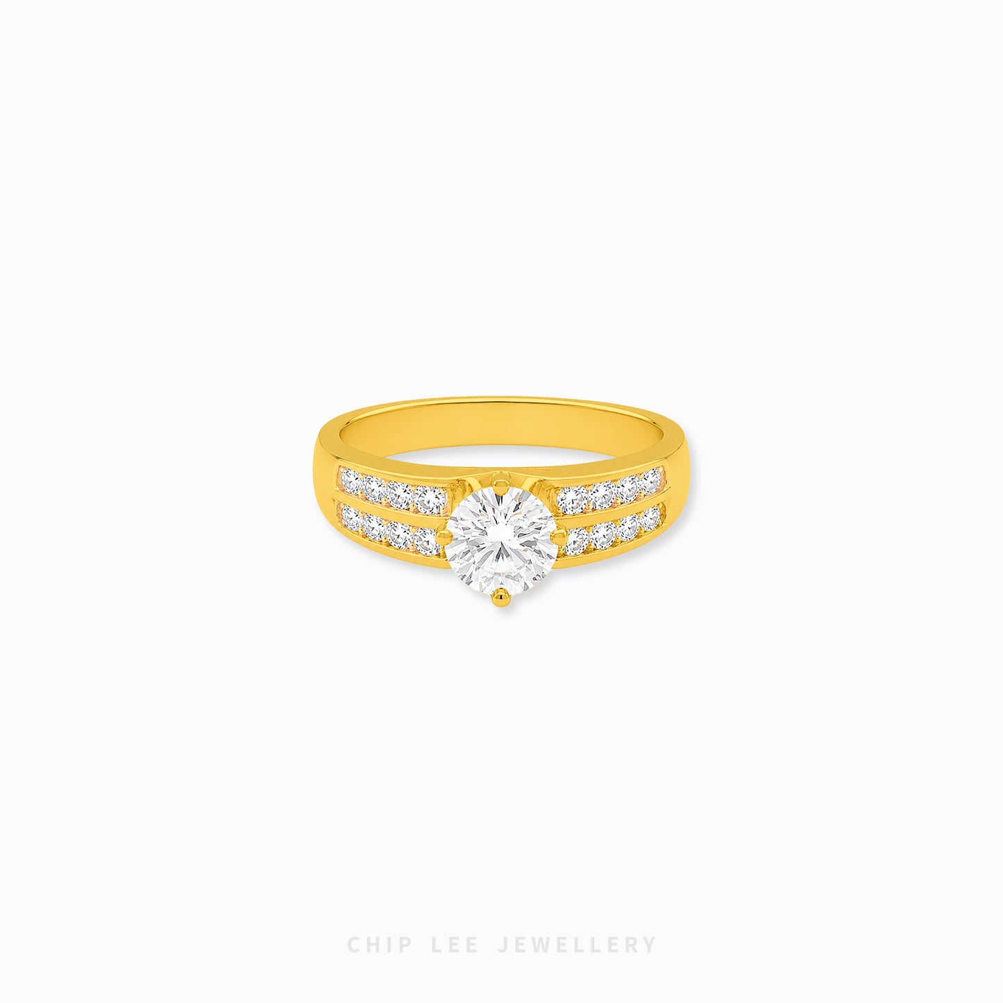 Cubic Zirconia Regal Ring featuring a brilliant round-cut centre stone with a split pavé band on a polished gold ring.