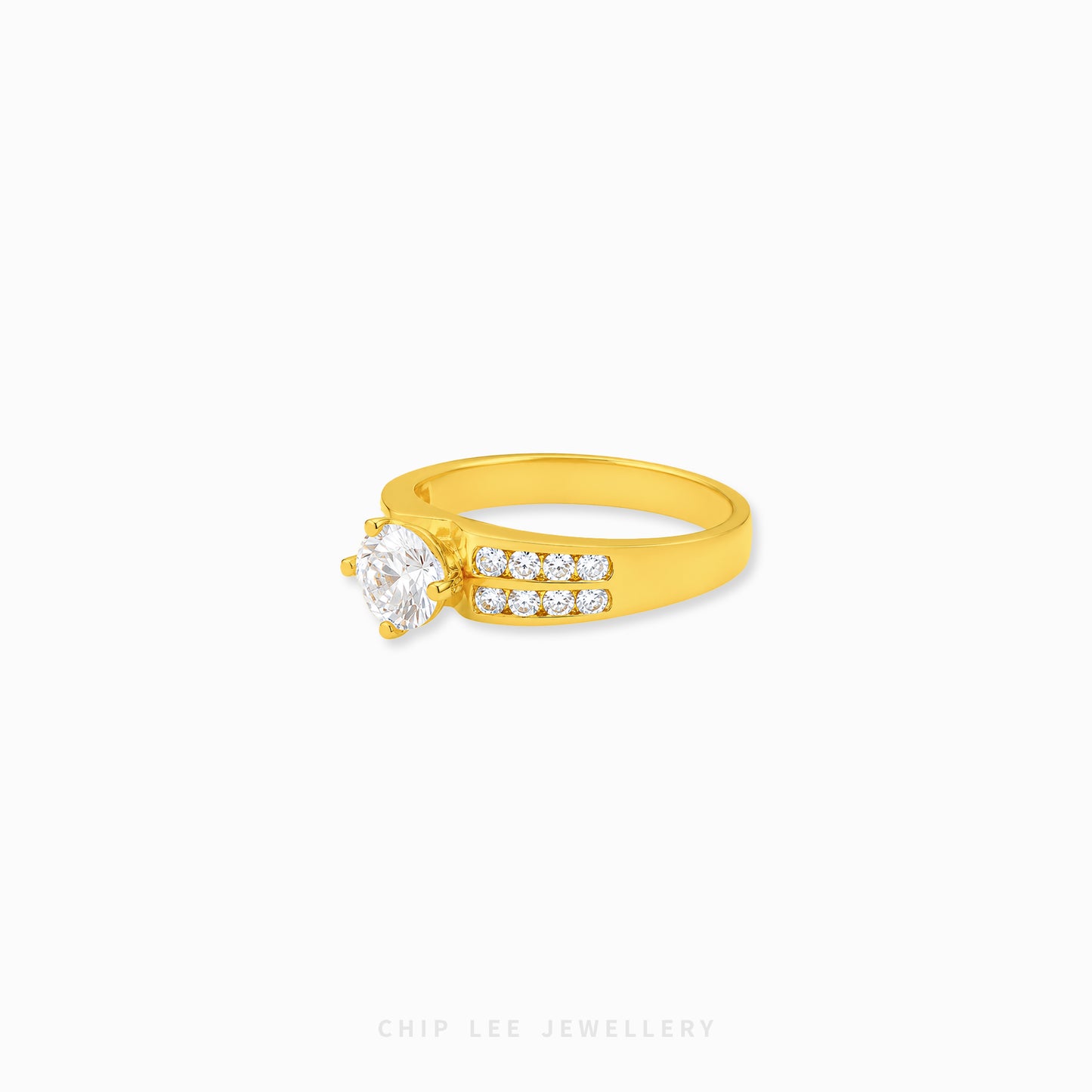 Cubic Zirconia Regal Ring featuring a brilliant round-cut centre stone with a split pavé band on a polished gold ring.