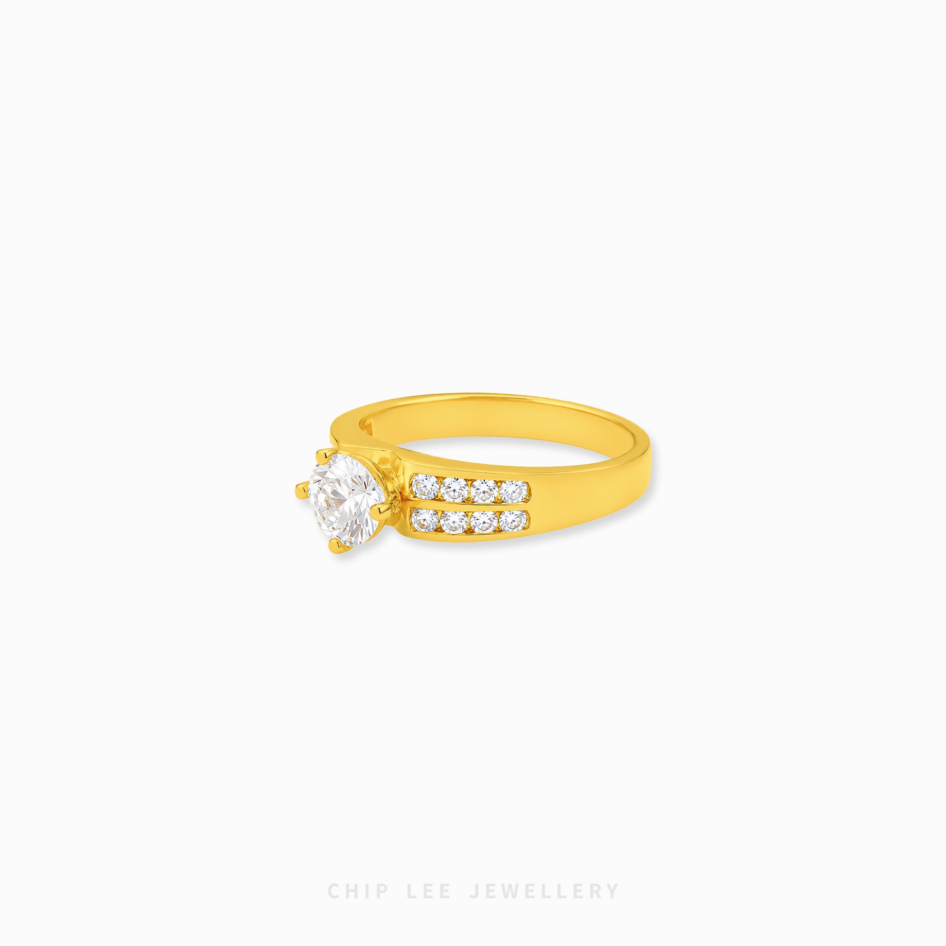 Cubic Zirconia Regal Ring featuring a brilliant round-cut centre stone with a split pavé band on a polished gold ring.