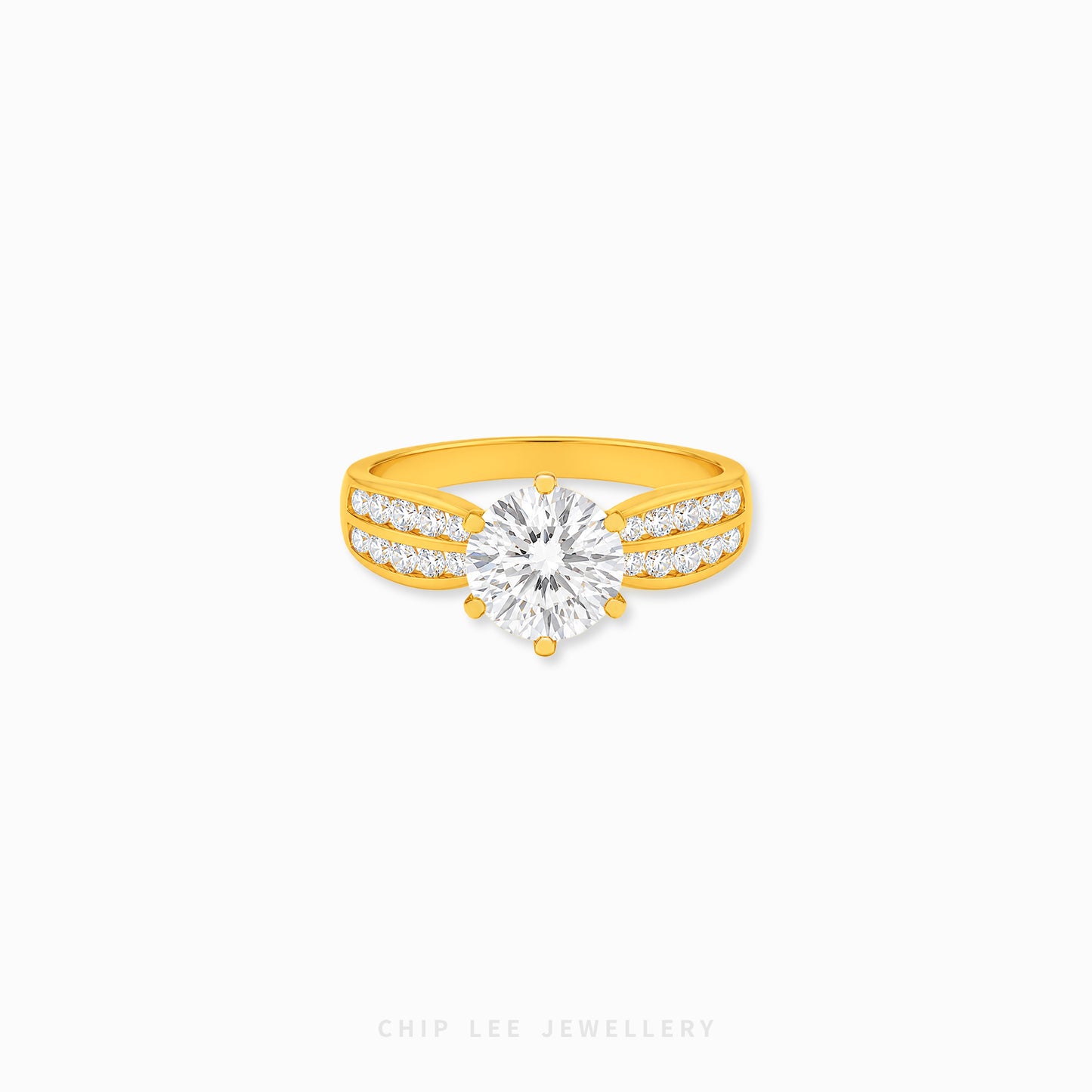 Cubic Zirconia Regal Ring featuring a brilliant round-cut centre stone with a split pavé band on a polished gold ring.
