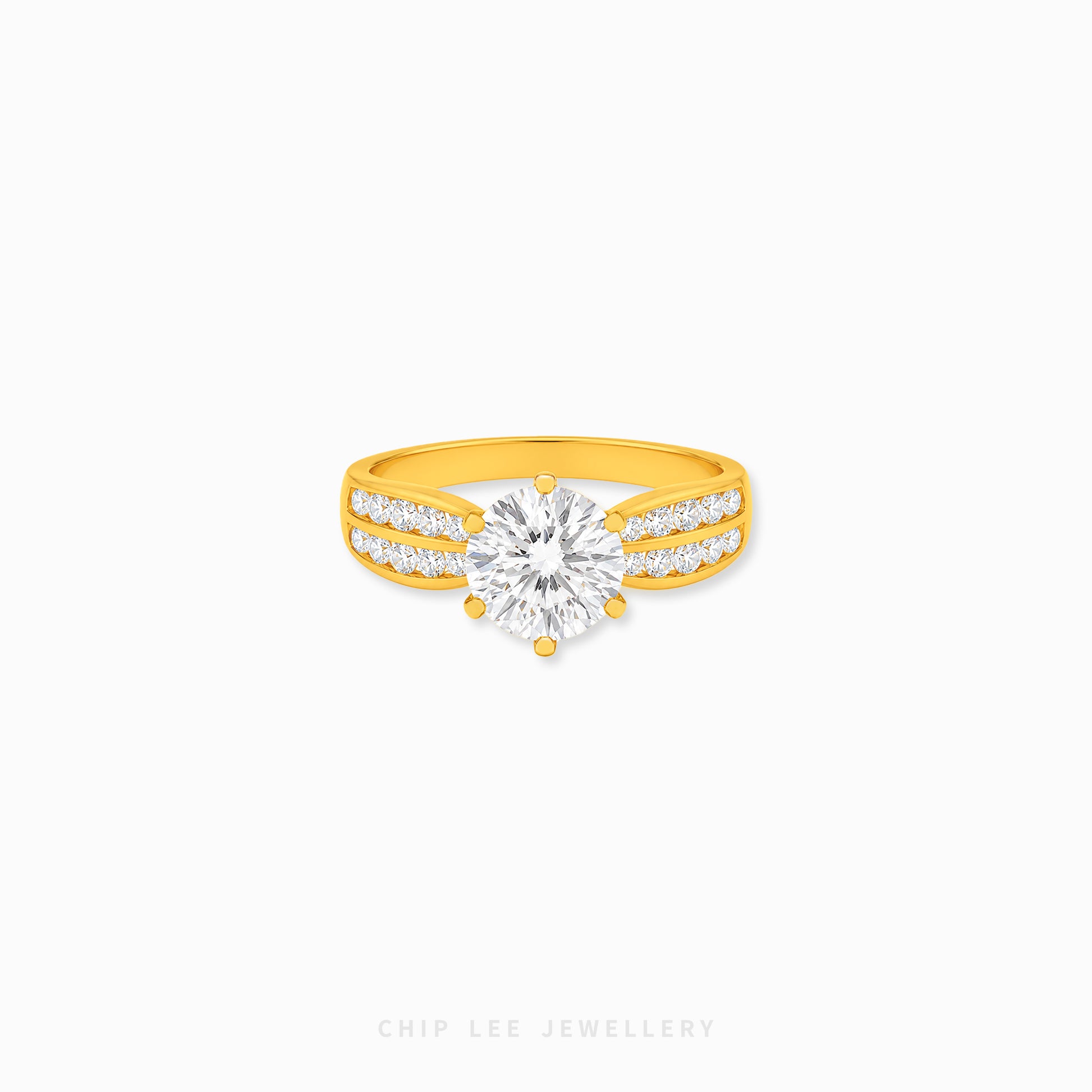 Cubic Zirconia Regal Ring featuring a brilliant round-cut centre stone with a split pavé band on a polished gold ring.