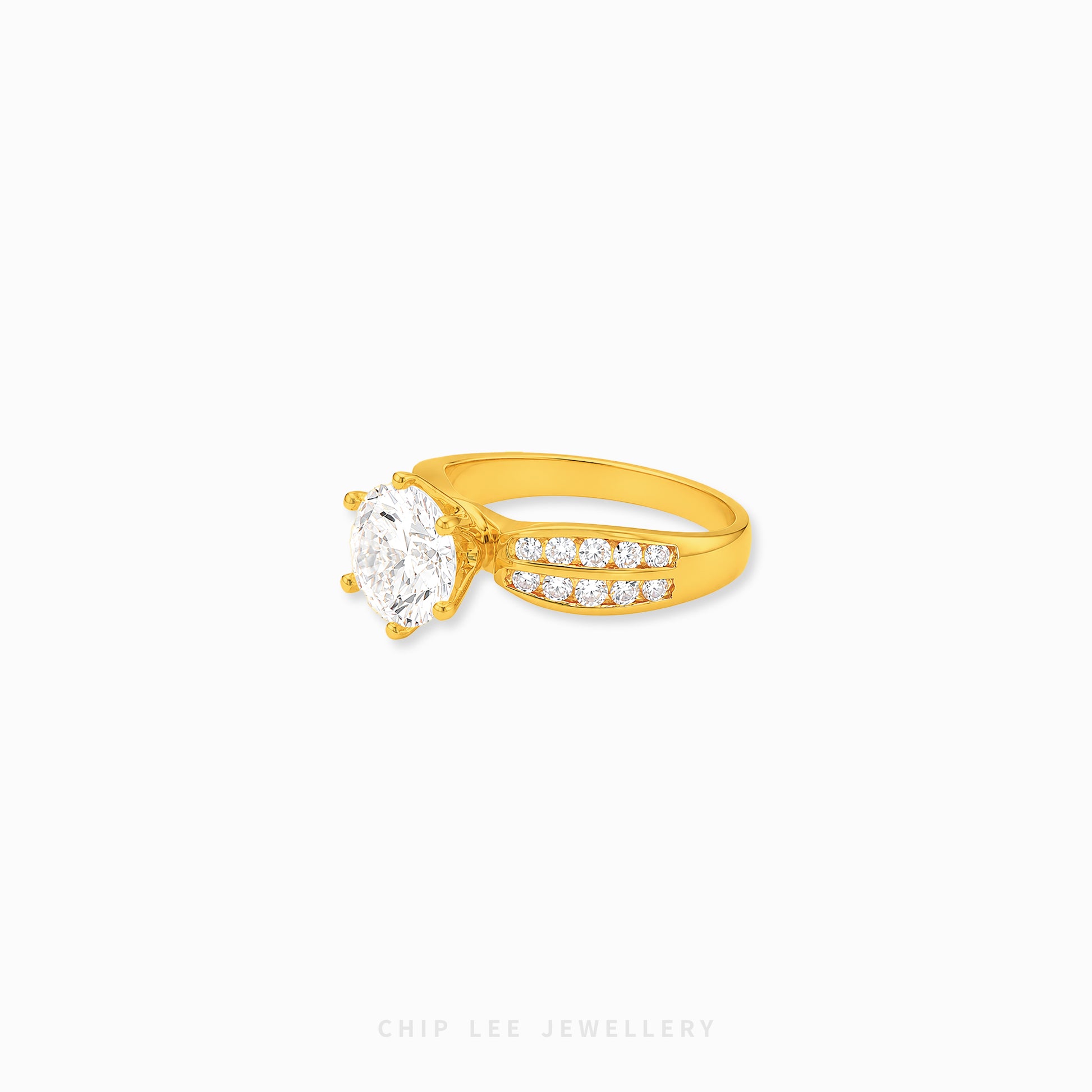 Cubic Zirconia Regal Ring featuring a brilliant round-cut centre stone with a split pavé band on a polished gold ring.