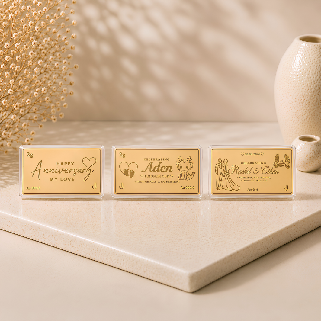 Design your own 999 Pure Gold Customisable Gold Bar. Personalise with names, logos, photos and messages for weddings, corporate gifts, milestones and luxury keepsakes.