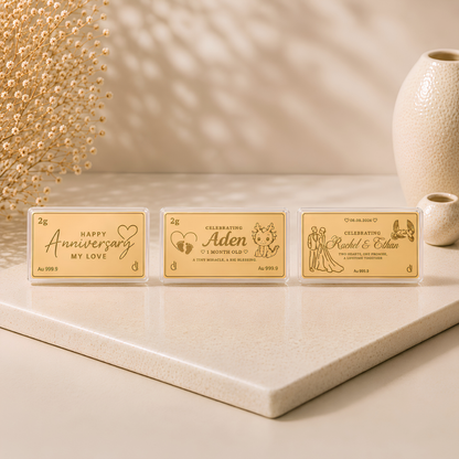 Design your own 999 Pure Gold Customisable Gold Bar. Personalise with names, logos, photos and messages for weddings, corporate gifts, milestones and luxury keepsakes.