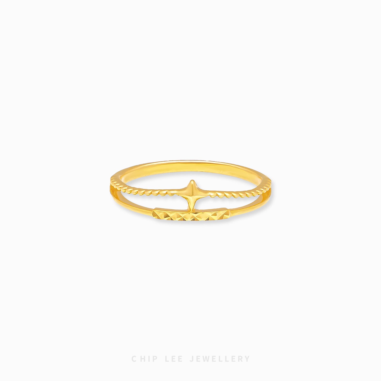 Dainty Duo Layer Ring by Chip Lee Jewellery, dual overlapping bands in 916/22K gold, layered elegance and modern style accessory