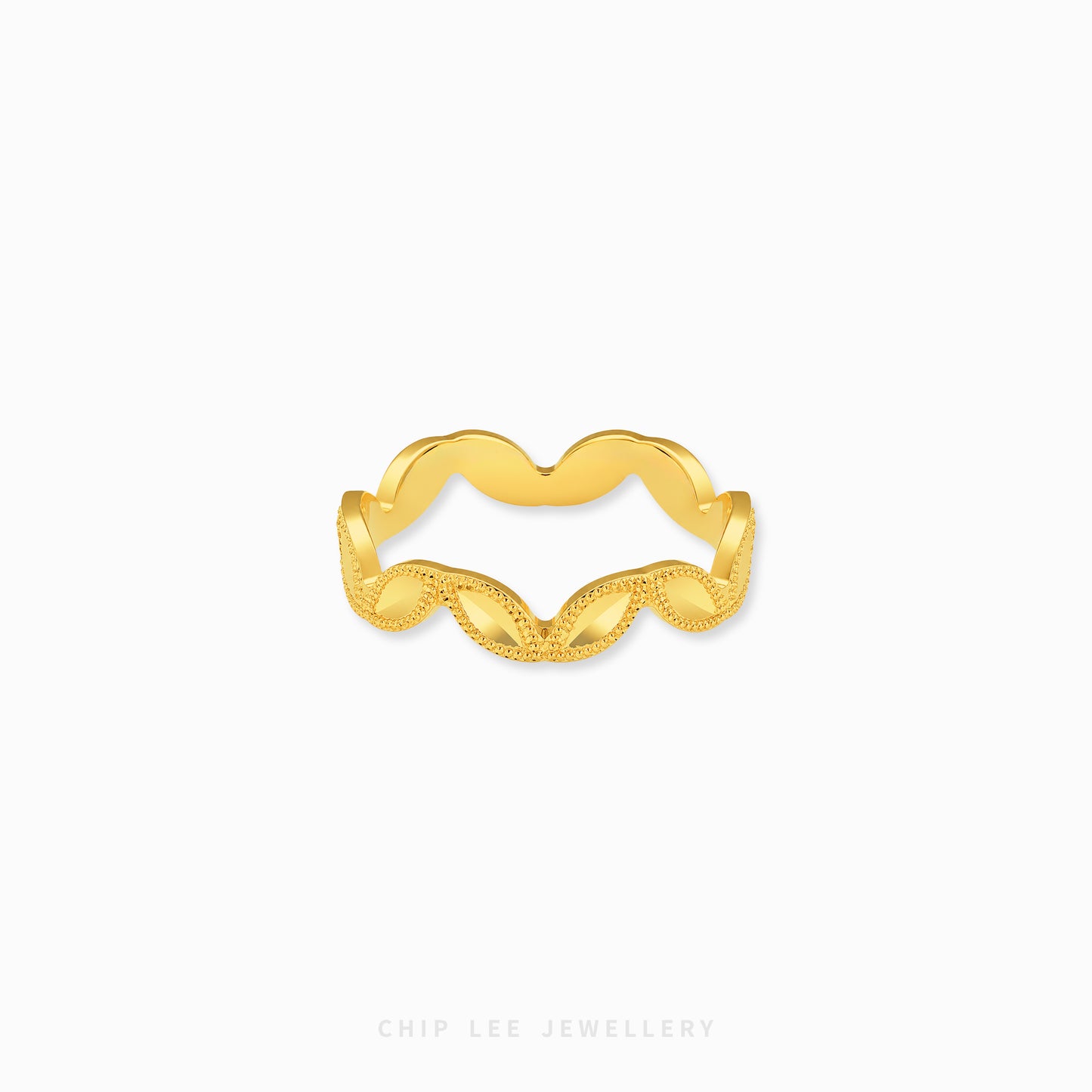 A gold wavy band ring with a textured beaded lower half, shown on a clean white background with the brand name 'CHIP LEE JEWELLERY' printed at the bottom.