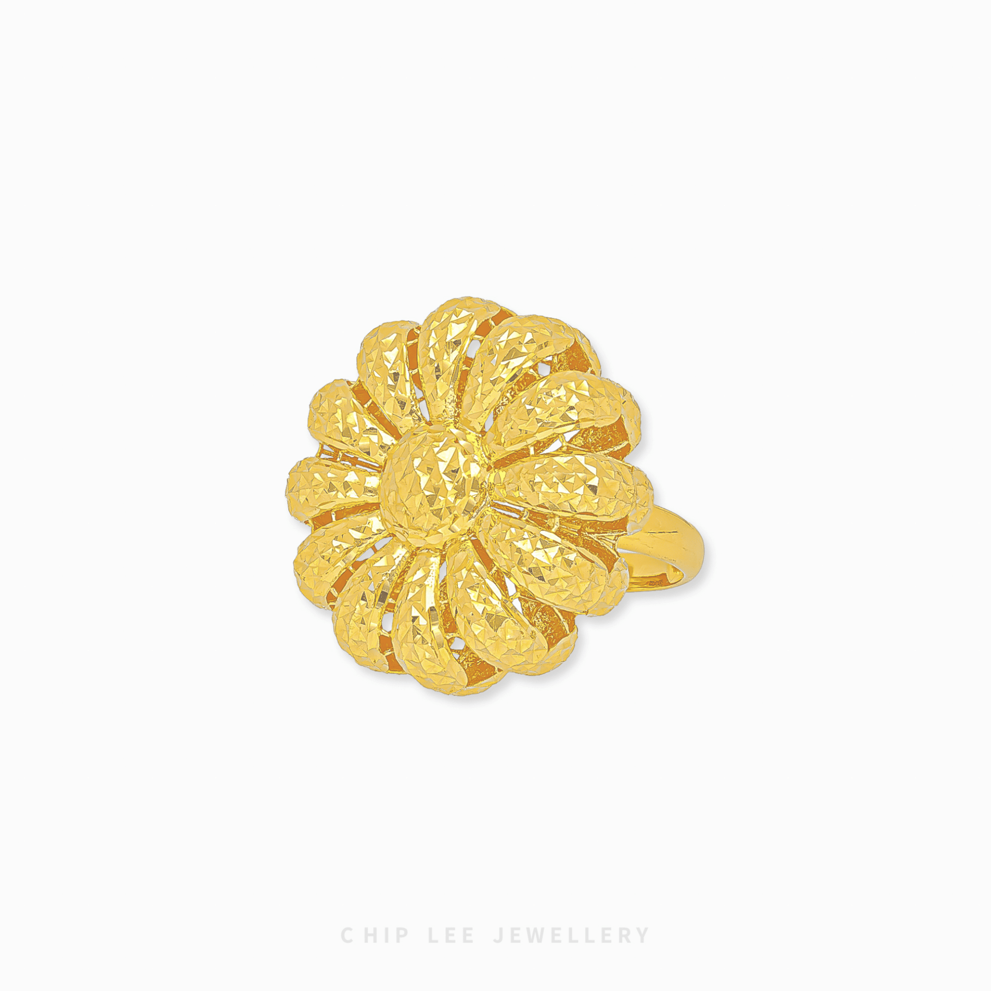 Daisy Floral Ring in 916 gold featuring a detailed blooming flower design with a radiant textured golden finish.