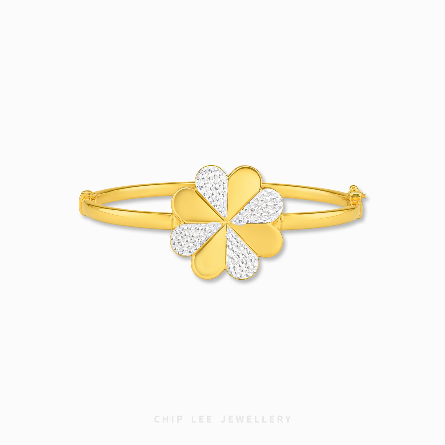 A gold-plated bangle bracelet featuring a four-leaf clover charm with two gold petals and two pavé-set clear stones on the other two petals, shown on a light gray background with 'CHIP LEE JEWELLERY' text at the bottom.