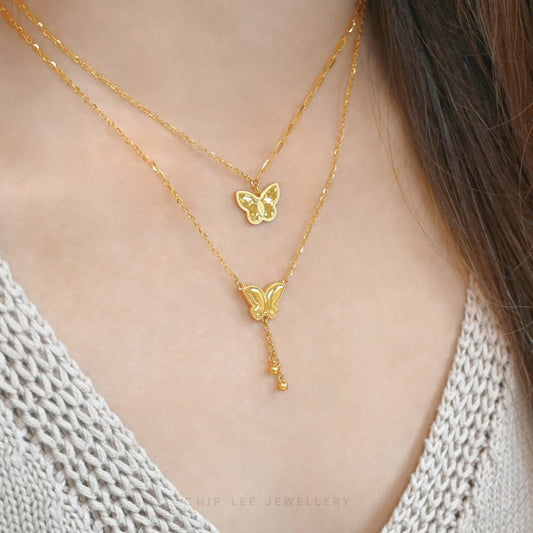 Chip Lee Jewellery Delicate Butterfly Necklace. Certified lightweight 916 Gold (22K) fine chain with a butterfly motif pendant. Jewellery SG.