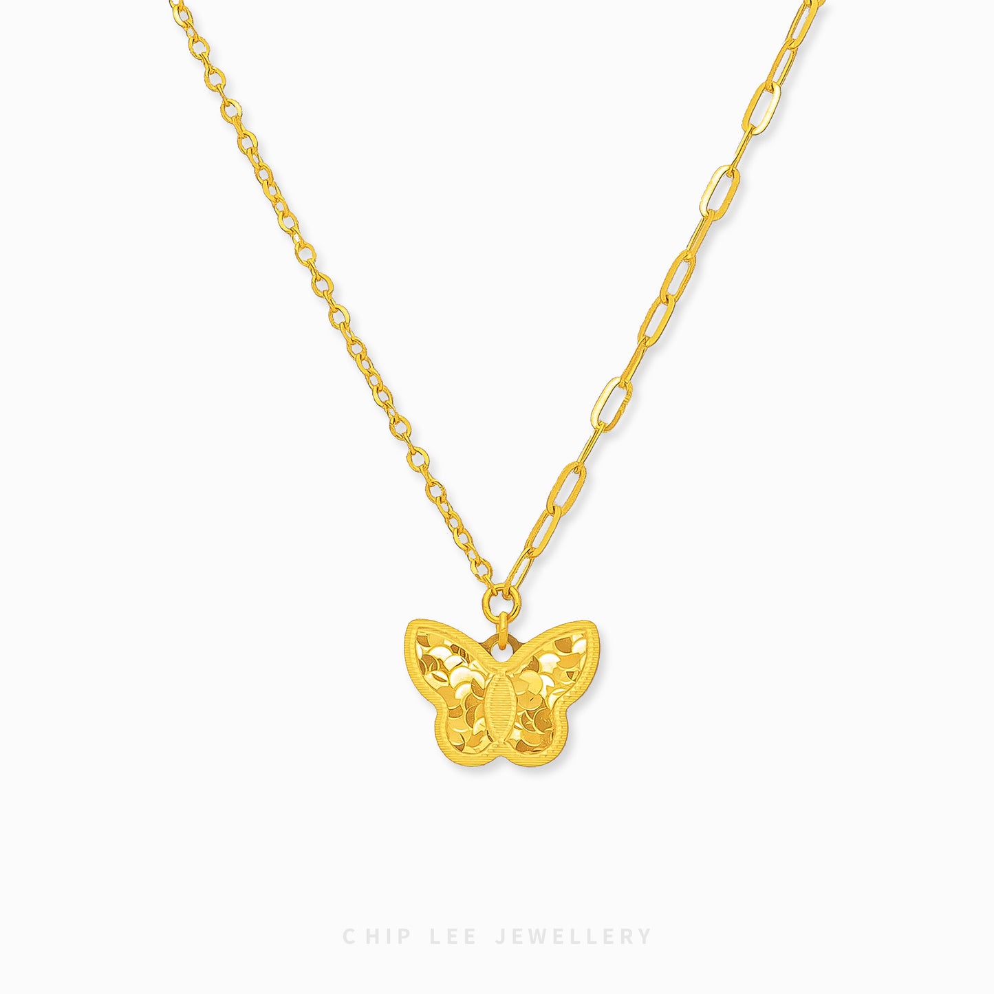 Chip Lee Jewellery Delicate Butterfly Necklace. Certified lightweight 916 Gold (22K) fine chain with a butterfly motif pendant. Jewellery SG.