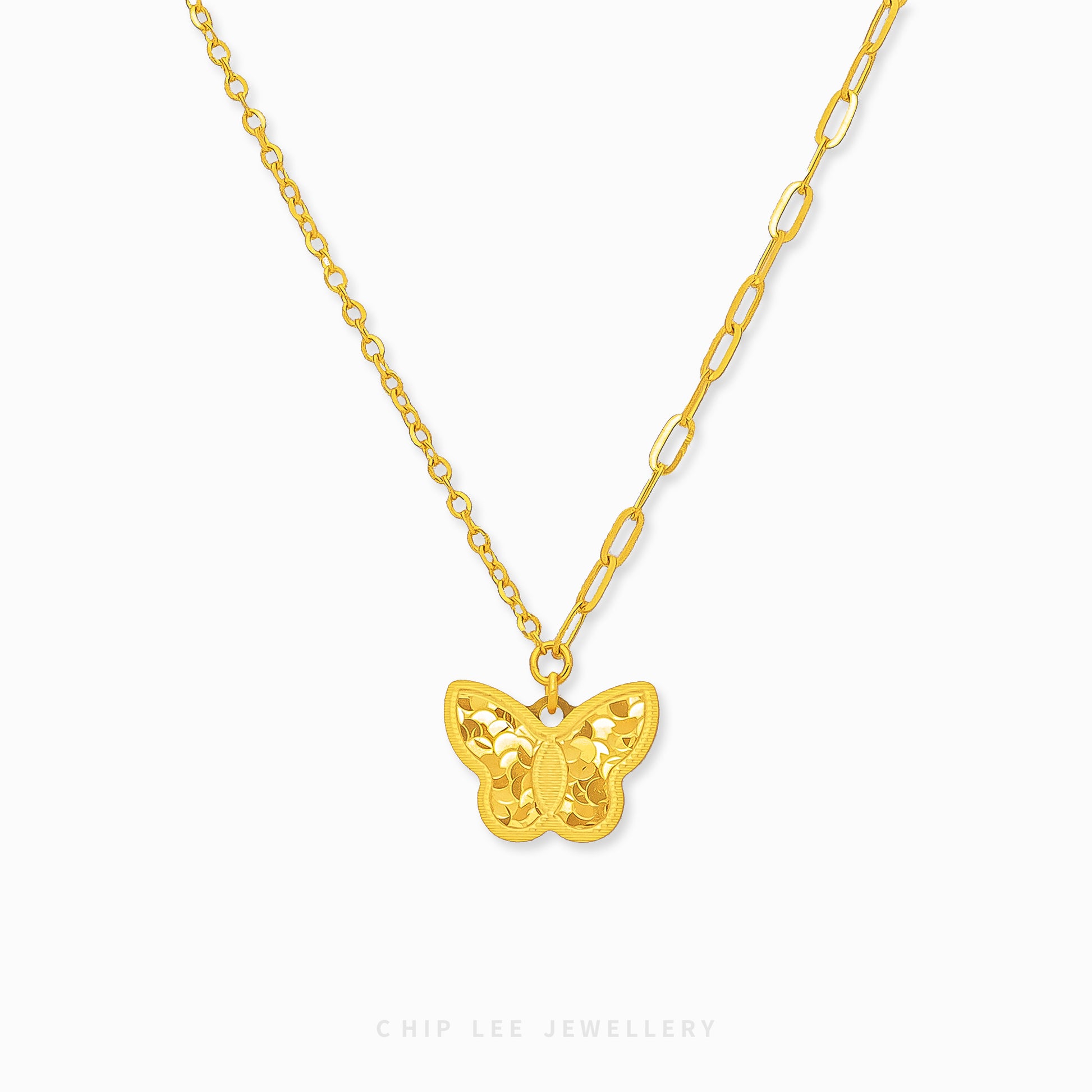 Chip Lee Jewellery Delicate Butterfly Necklace. Certified lightweight 916 Gold (22K) fine chain with a butterfly motif pendant. Jewellery SG.