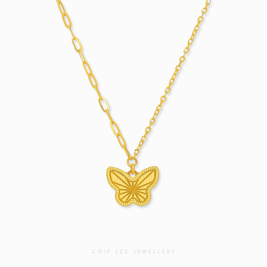 Chip Lee Jewellery Delicate Butterfly Necklace. Certified lightweight 916 Gold (22K) fine chain with a butterfly motif pendant. Jewellery SG.