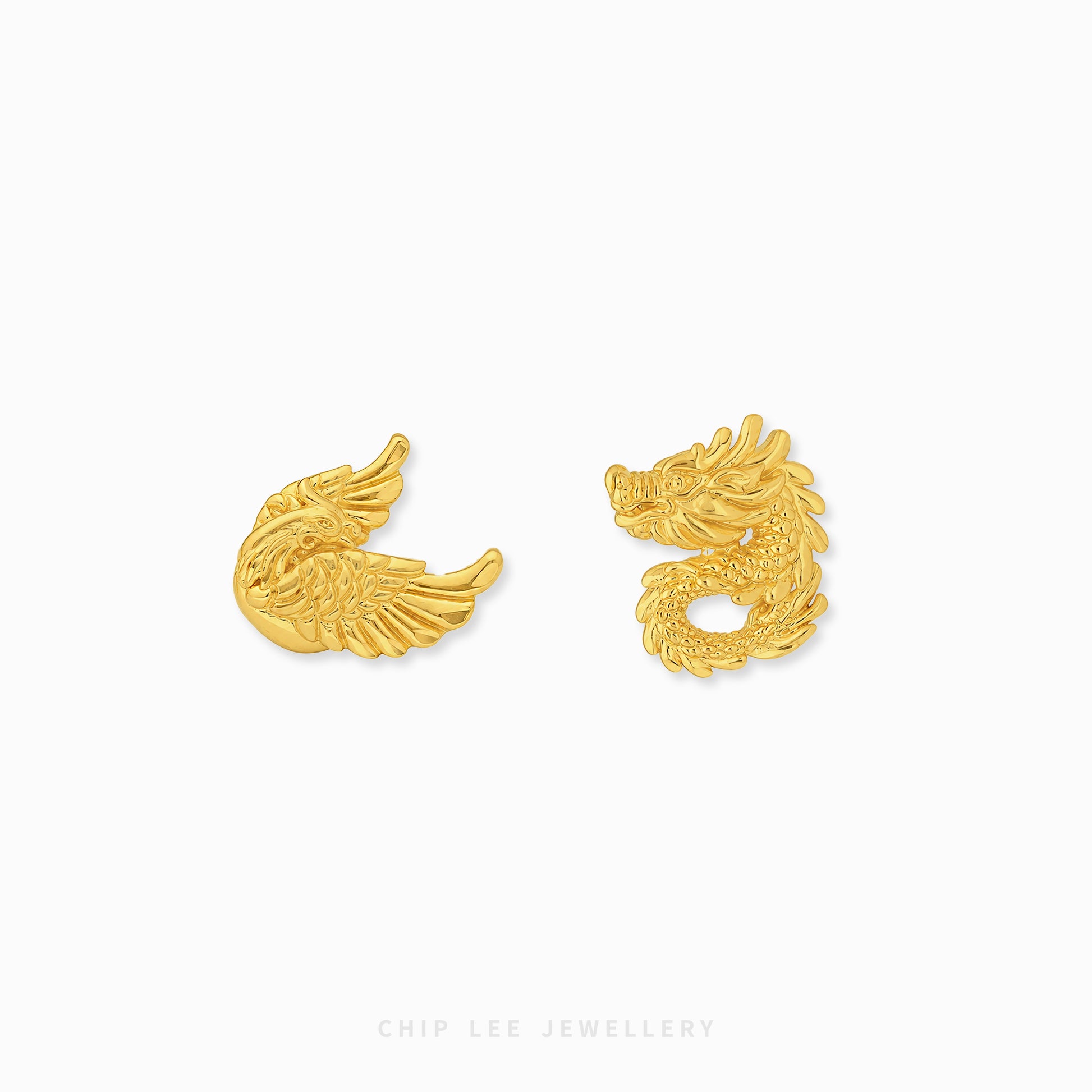 Elegant gold Dragon & Phoenix earrings featuring intricate mythical detailing symbolizing eternal love, harmony, prosperity, strength, and rebirth.