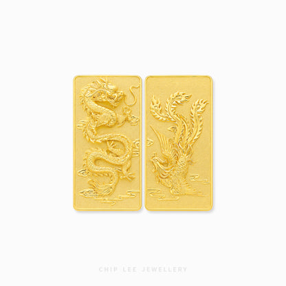 999 fine gold bar featuring an intricate Dragon and Phoenix relief design, symbolizing harmony, prosperity, and everlasting love, set against a textured gold background.