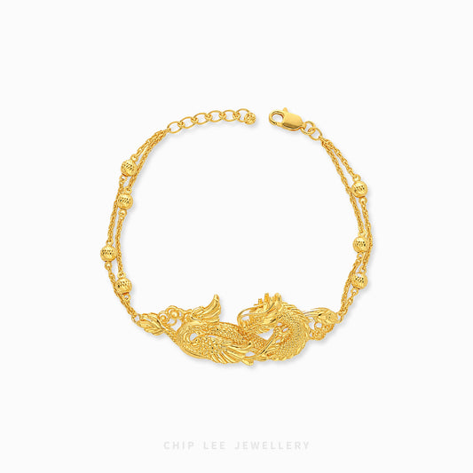 Gold bracelet with dragon design on a white background, branded 'Chip Lee Jewellery'.