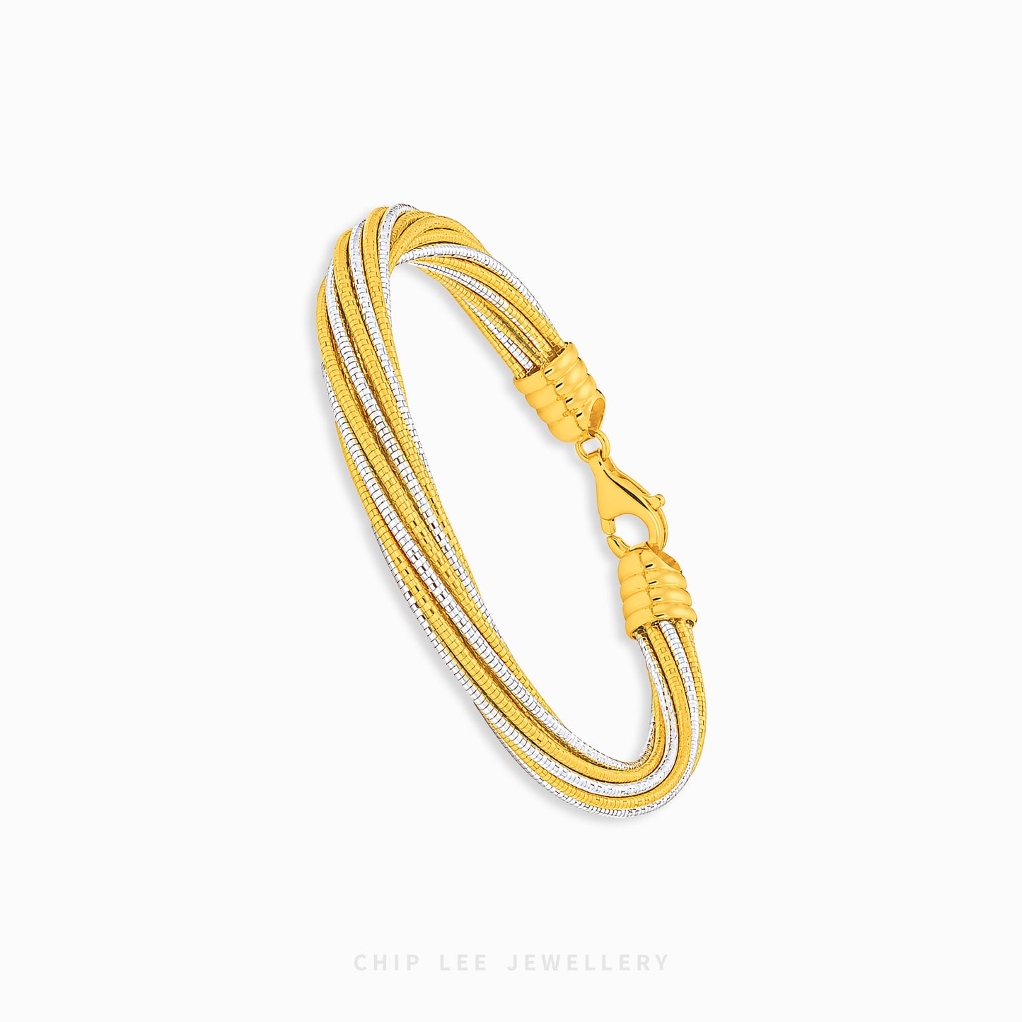 A multi-strand bracelet featuring yellow gold and silver-toned chains, with a textured gold clasp, shown on a clean white background with the brand name 'CHIP LEE JEWELLERY' at the bottom.