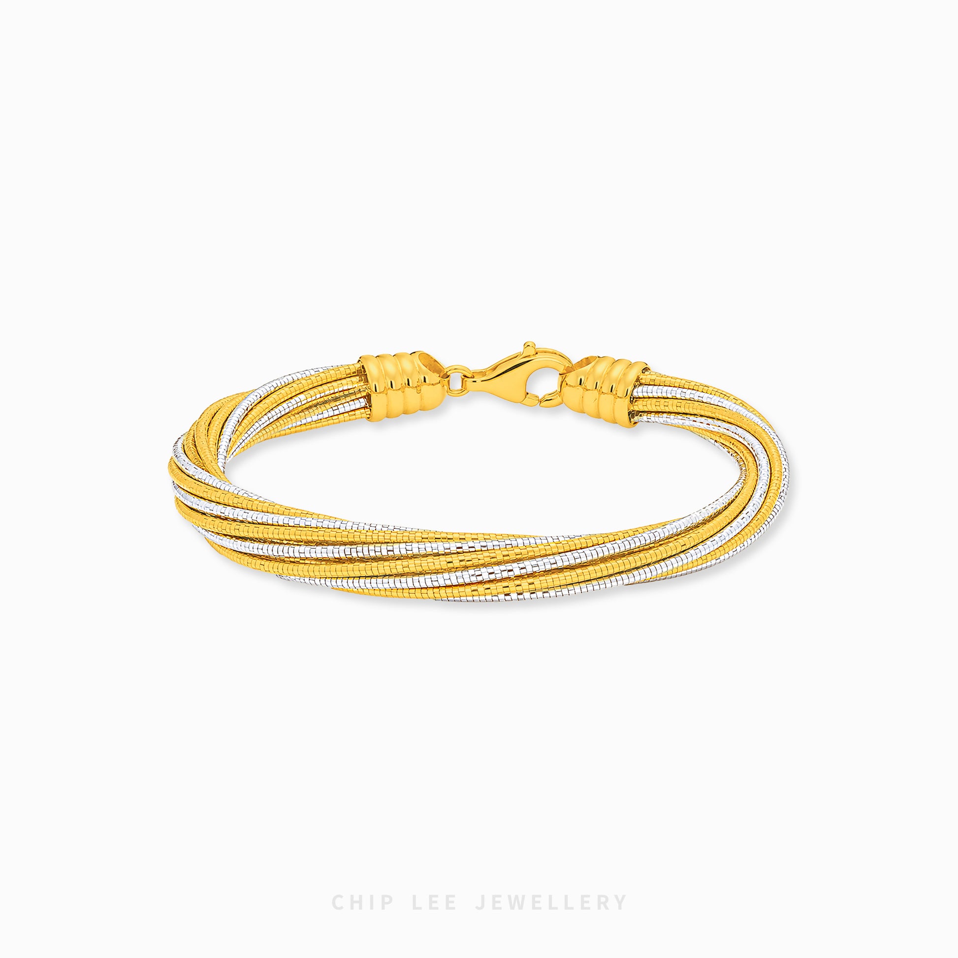 A multi-strand gold and silver snake chain bracelet with a lobster clasp, displayed on a clean white background with a Chip Lee Jewellery watermark at the bottom.