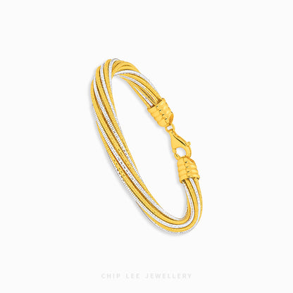 A multi-strand bracelet featuring yellow gold and silver-toned chains, with a textured gold clasp, shown on a clean white background with the brand name 'CHIP LEE JEWELLERY' at the bottom.