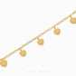A gold chain bracelet with five dangling heart charms, each featuring an intricate openwork pattern. The chain is alternating with small clear stones.