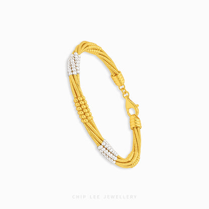 A gold multi-strand beaded bracelet with silver-toned bead accents, displayed on a clean white background with the brand name 'CHIP LEE JEWELLERY' printed at the bottom.
