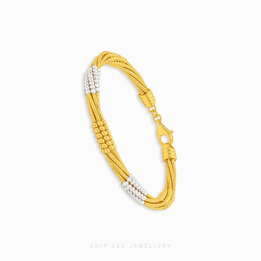 A gold multi-strand beaded bracelet with silver-toned bead accents, displayed on a clean white background with the brand name 'CHIP LEE JEWELLERY' printed at the bottom.