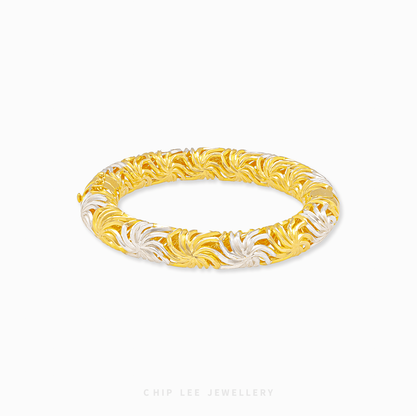Duo Tone Cempaka Bangle in 916 gold featuring intricate floral carvings and a polished two-tone finish for elegance.