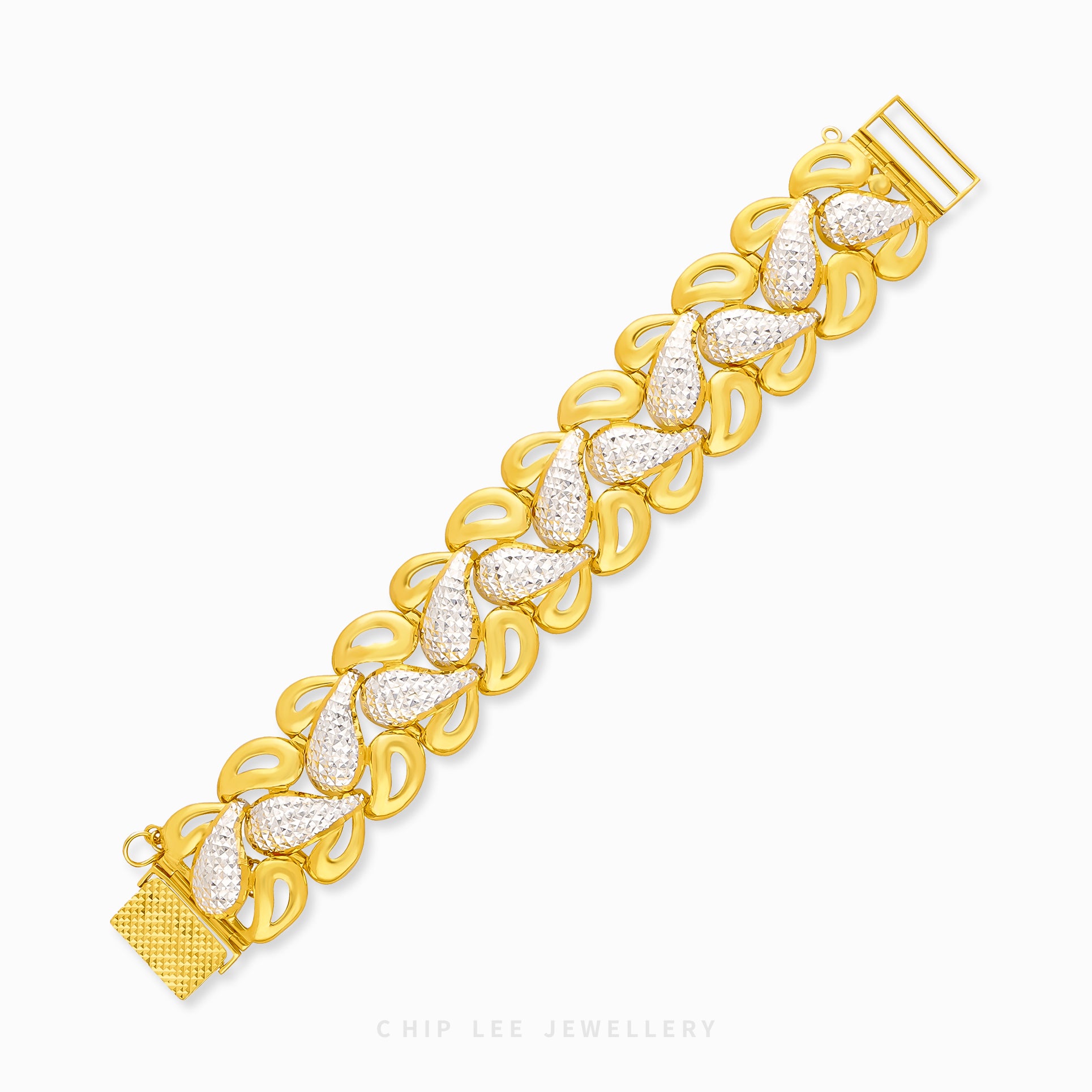 Duo Tone Chunky Bracelet in yellow & white 22K/916 gold by Chip Lee Jewellery Singapore – certified gold, bold statement links.