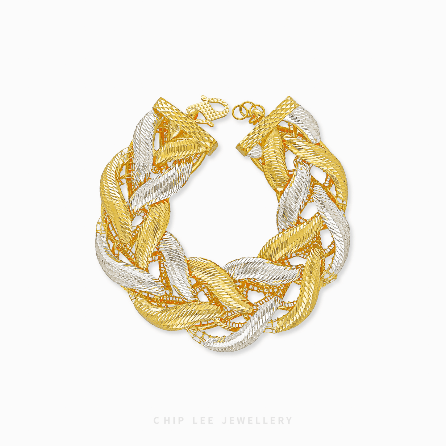 Gold and silver braided bracelet on a white background