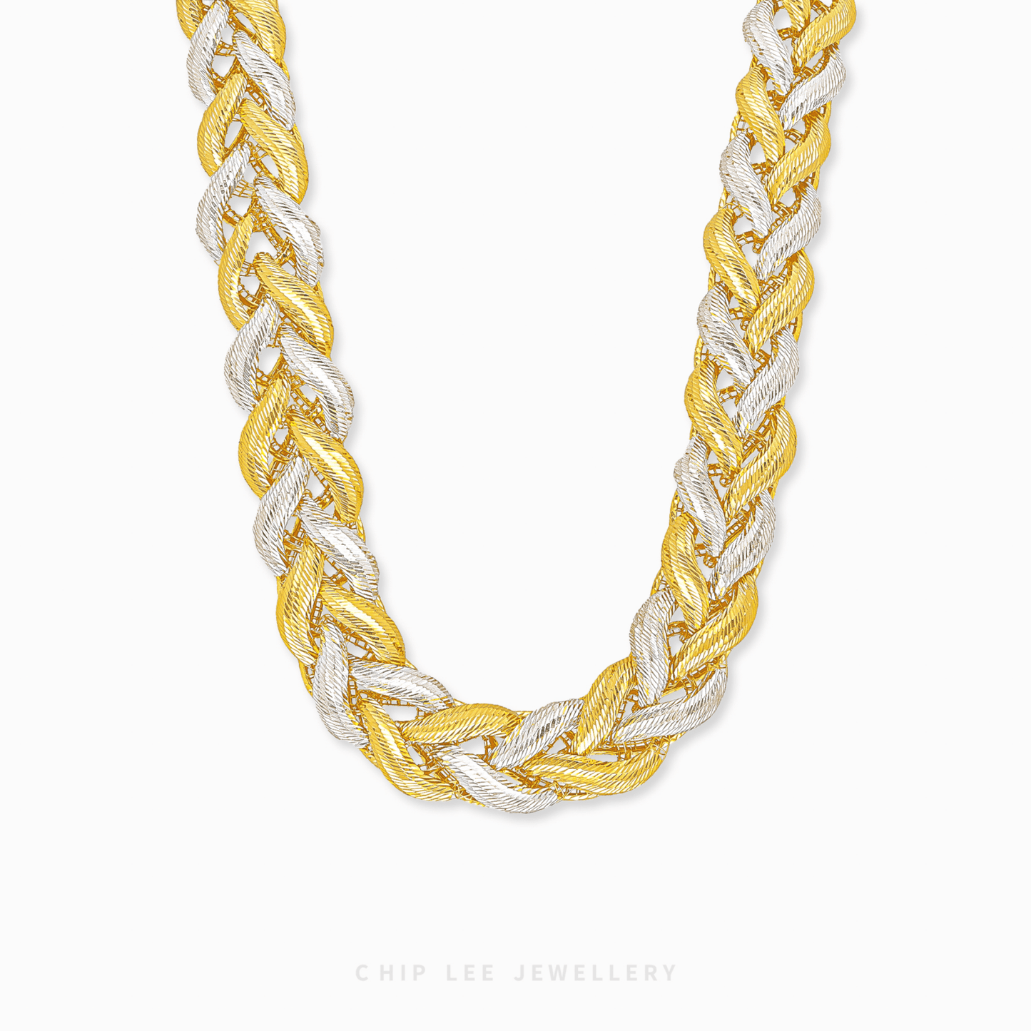 Two-tone braided necklace on a white background