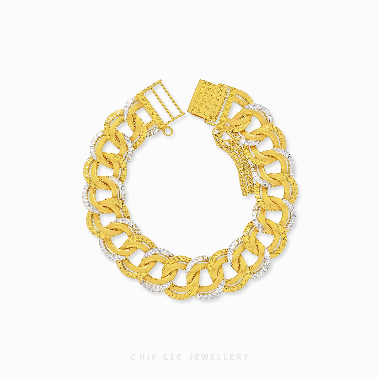 Duo Tone Chunky Link Chain Bracelet in yellow & white 22K/916 gold by Chip Lee Jewellery Singapore – certified gold, bold link design.