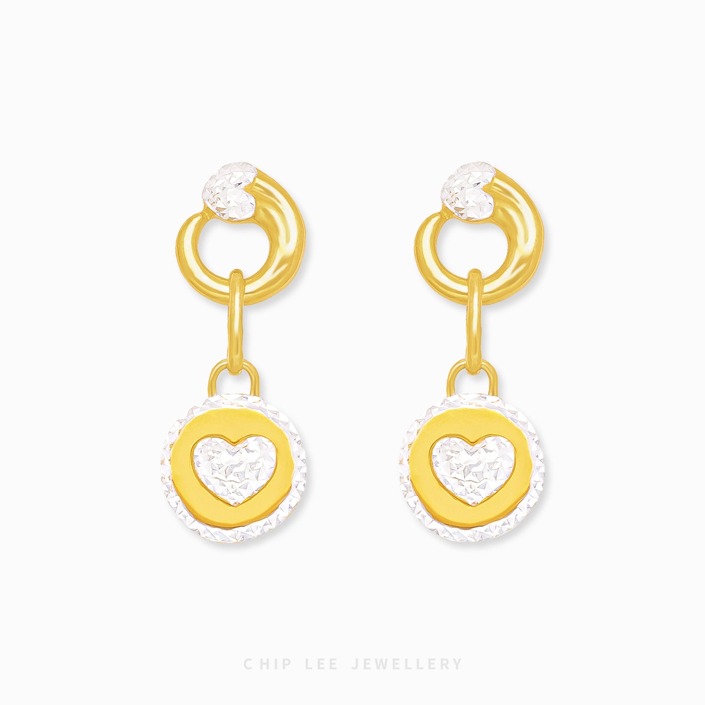 Duo Tone Circle Heart Dangling Earring with interlocking matte and high-polish gold elements in 916 gold by Chip Lee Jewellery Singapore