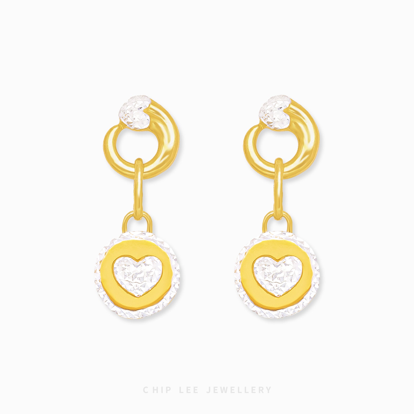 Duo Tone Circle Heart Dangling Earring with interlocking matte and high-polish gold elements in 916 gold by Chip Lee Jewellery Singapore