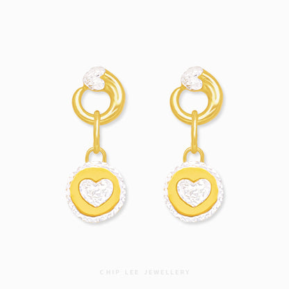 Duo Tone Circle Heart Dangling Earring with interlocking matte and high-polish gold elements in 916 gold by Chip Lee Jewellery Singapore