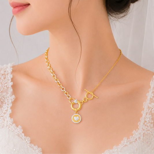 Duo Tone Circle Heart Toggle T-Bar Lock Necklace