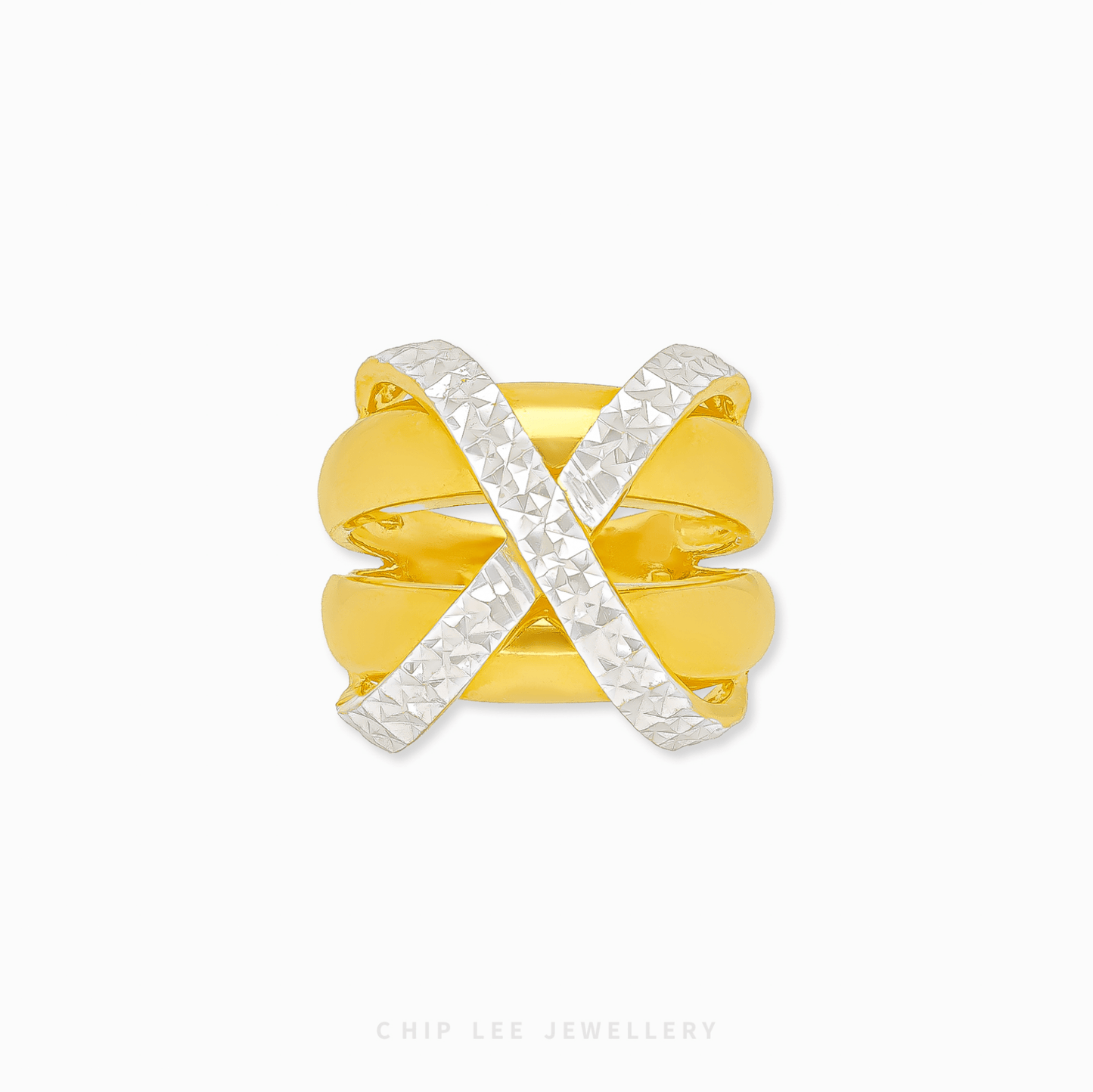 Duo Tone Criss-Cross Ring in 916 gold featuring overlapping textured and polished bands in a bold architectural X-shape.