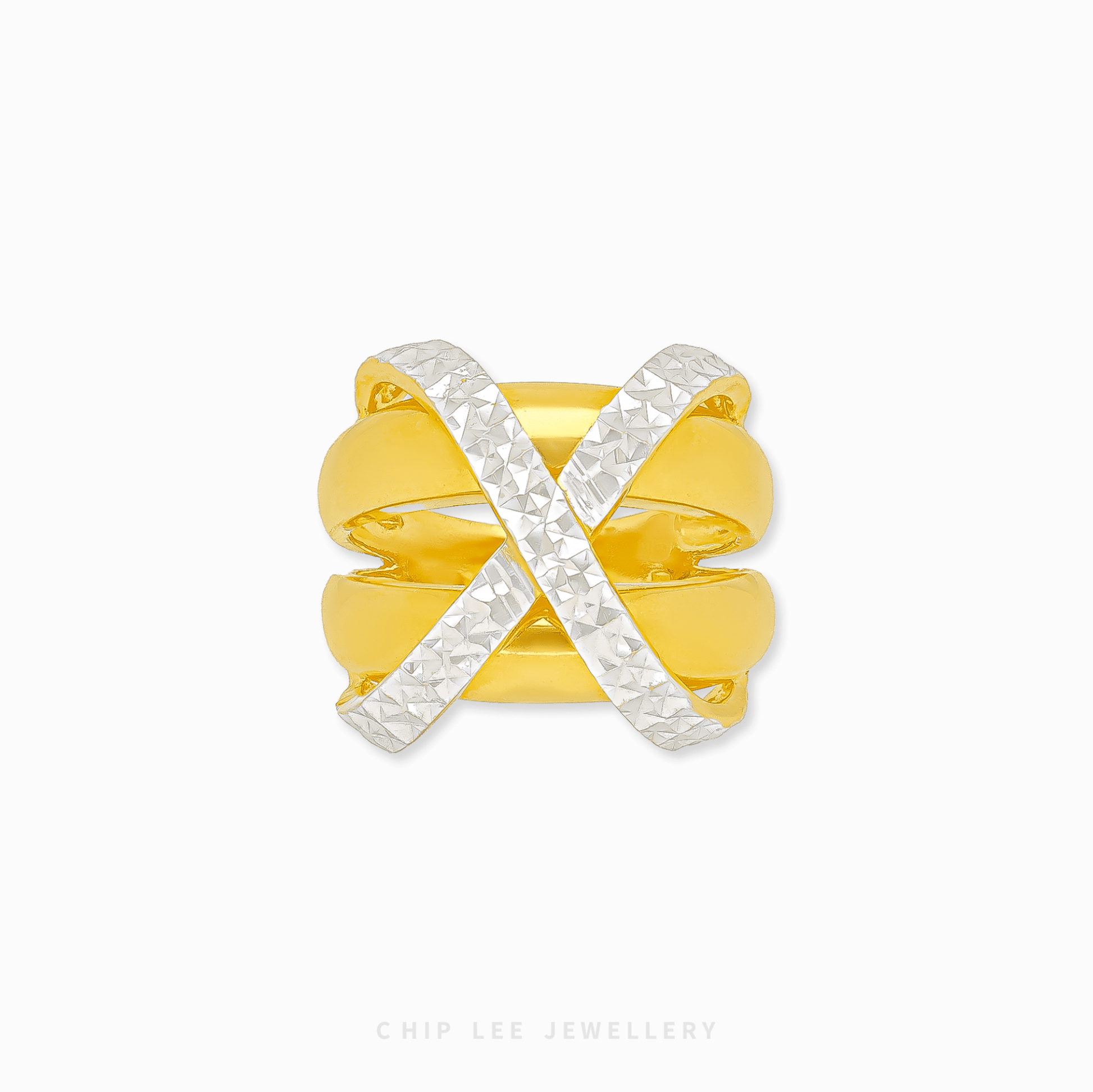 Duo Tone Criss-Cross Ring in 916 gold featuring overlapping textured and polished bands in a bold architectural X-shape.