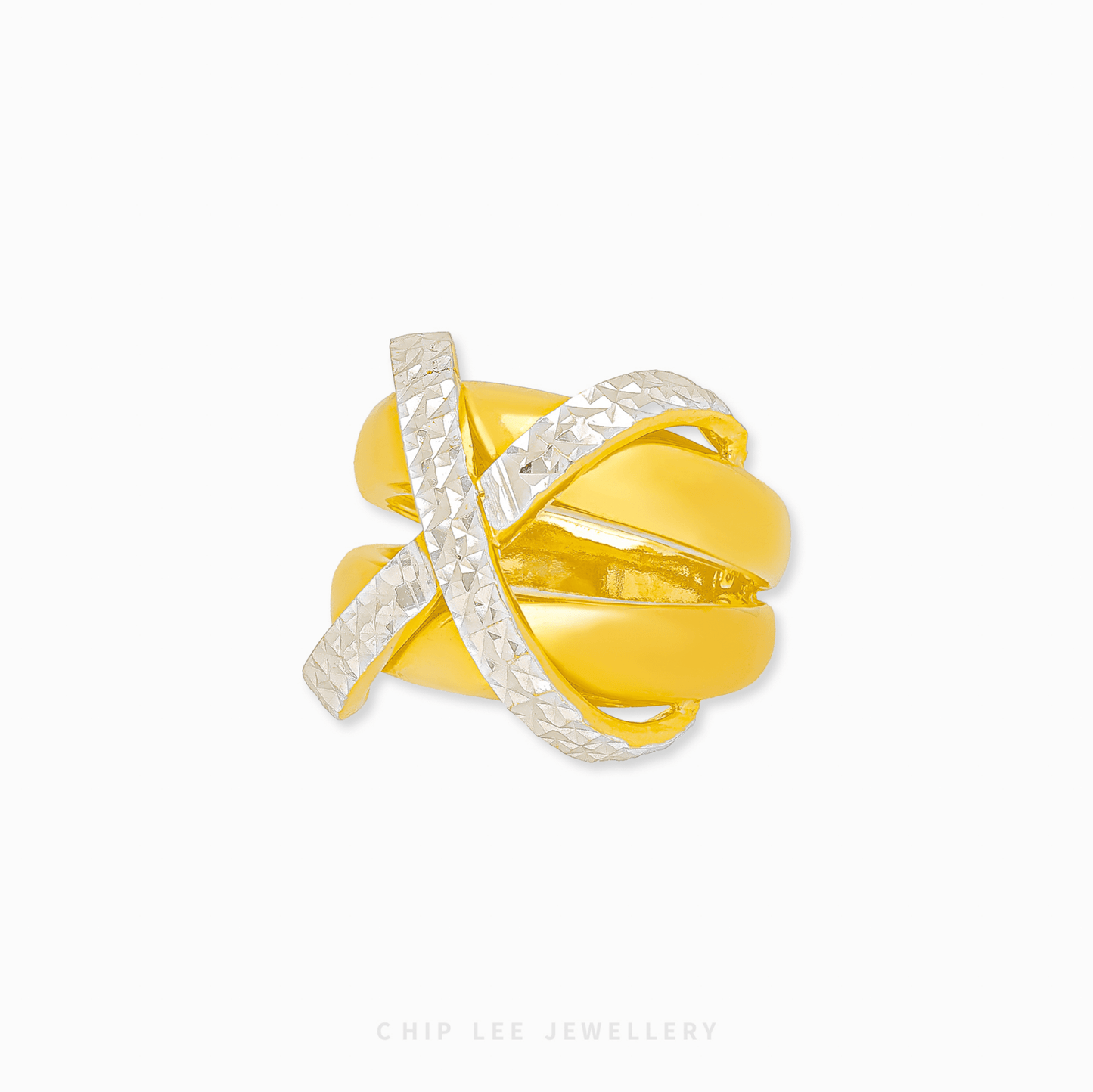 Duo Tone Criss-Cross Ring in 916 gold featuring overlapping textured and polished bands in a bold architectural X-shape.
