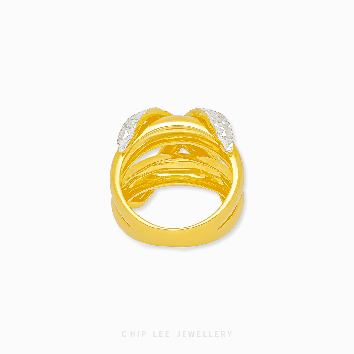 Duo Tone Criss-Cross Ring in 916 gold featuring overlapping textured and polished bands in a bold architectural X-shape.