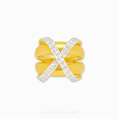 Duo Tone Criss-Cross Ring in 916 gold featuring overlapping textured and polished bands in a bold architectural X-shape.