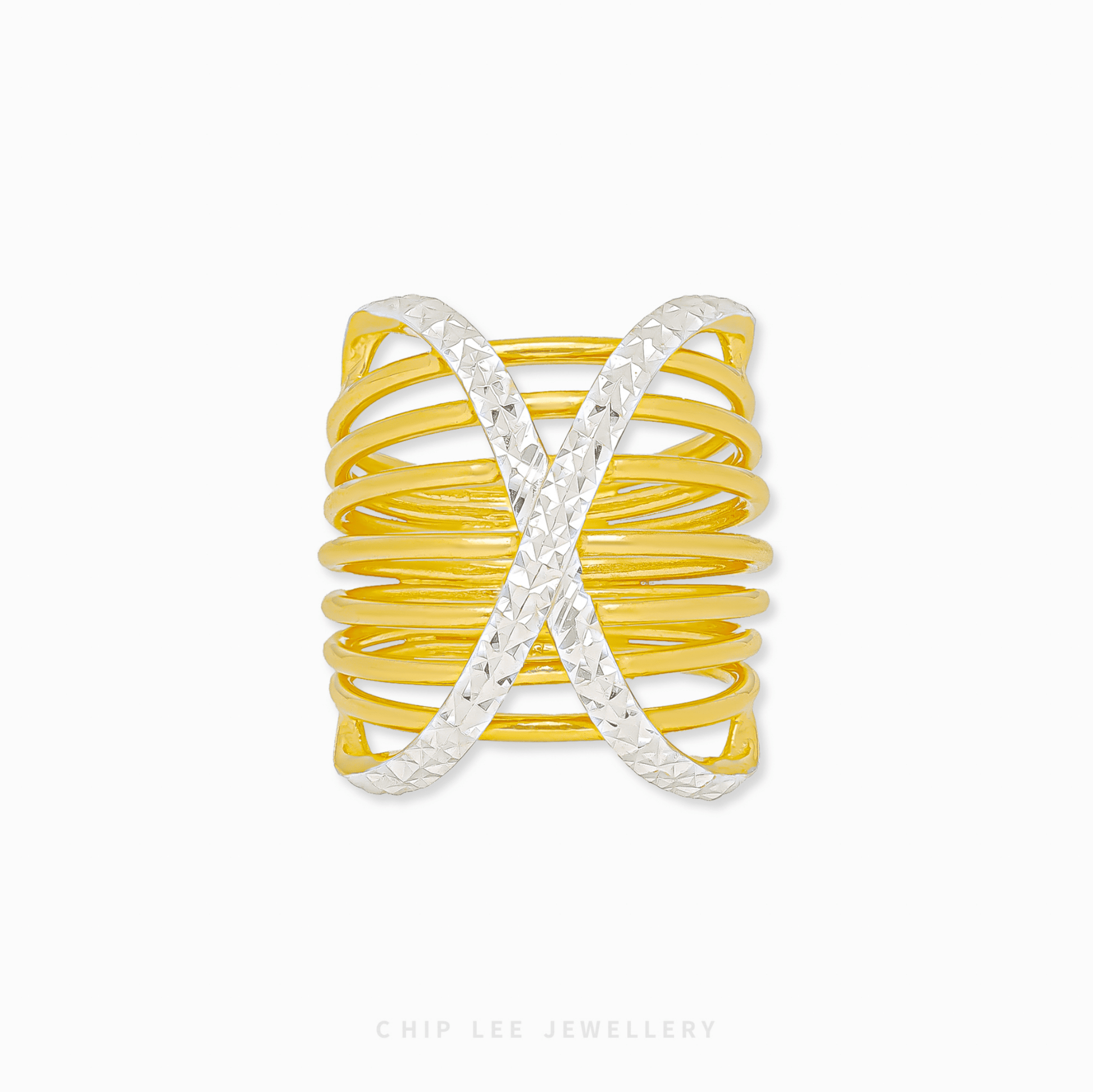 Duo Tone Criss-Cross Ring in 916 gold featuring overlapping mixed-texture bands in a bold and architectural X-shape design.