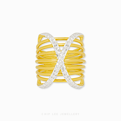 Duo Tone Criss-Cross Ring in 916 gold featuring overlapping mixed-texture bands in a bold and architectural X-shape design.