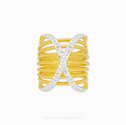 Duo Tone Criss-Cross Ring in 916 gold featuring overlapping mixed-texture bands in a bold and architectural X-shape design.